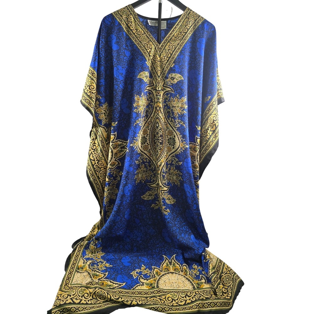Sante Classics Kaftan Dress Blue Gold‎ Paisley Medallion Maxi Caftan One Size
